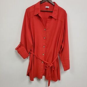 Cabin Creek Womens Linen Button Up Tunic Top Size 3X Red Belted Coastal Beach